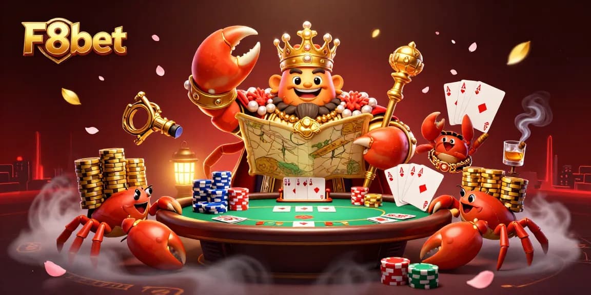 Experience F8bet's vibrant casino atmosphere with a golden crab emperor leading the way.