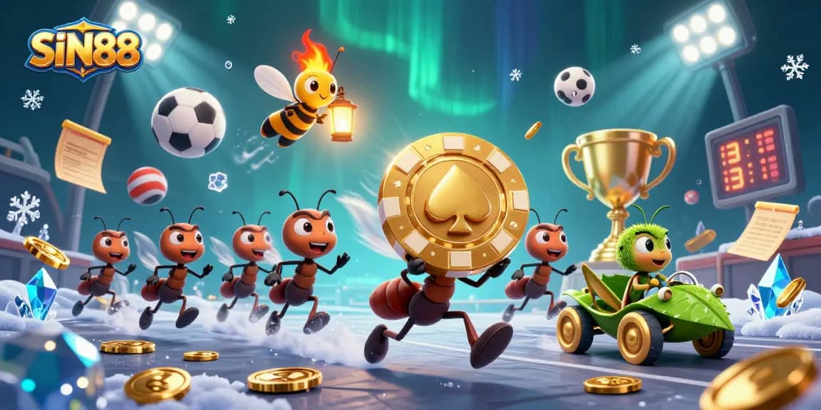 SIN88 showcases ants on a heist with a golden poker chip, surrounded by dynamic sports elements.
