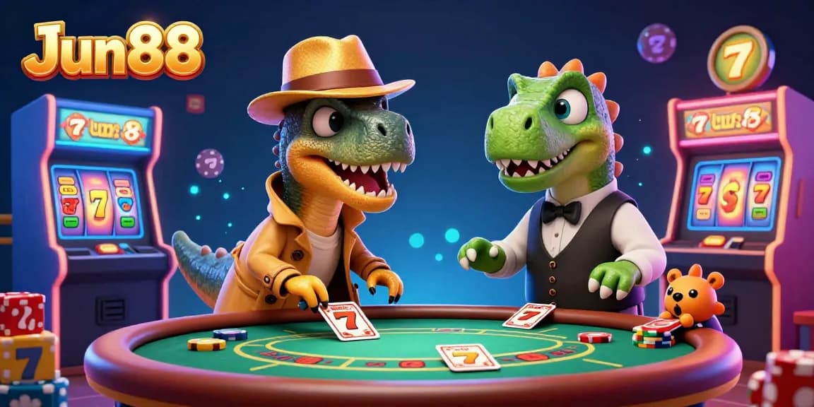 Join the fun with Jun88 featuring a cartoon velociraptor card counter at a blackjack table surrounded by dazzling casino game elements.