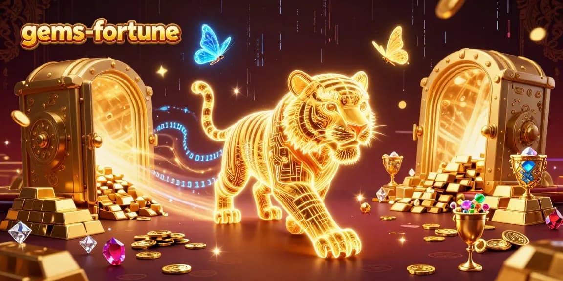 Experience the thrill of gems-fortune in this vibrant 3D casino illustration featuring a golden tiger and treasure.