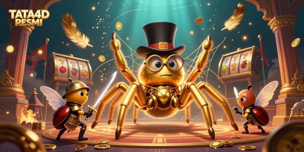 TATA4D RESMI showcases a vibrant casino scene with a golden tarantula and knight in action.