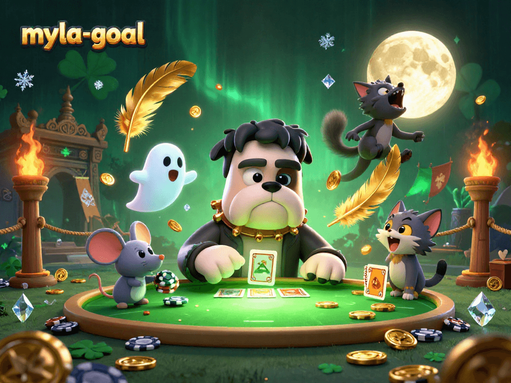 Experience the thrilling myla-goal world with a Frankenstein bulldog monster and friends playing cards in a vibrant casino.