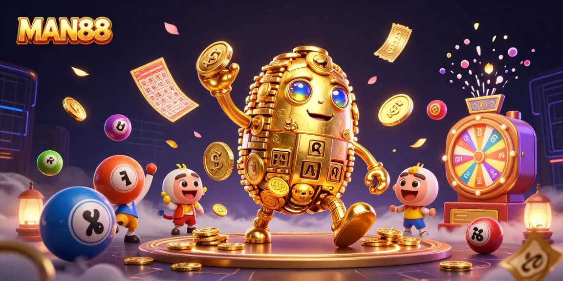 Experience thrilling gameplay with a golden golem in a vibrant casino scene featuring MAN88.