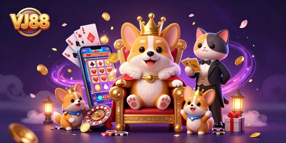 Engage in thrilling gameplay at VJ88 with a royal corgi and its cat butler in this vibrant casino scene.