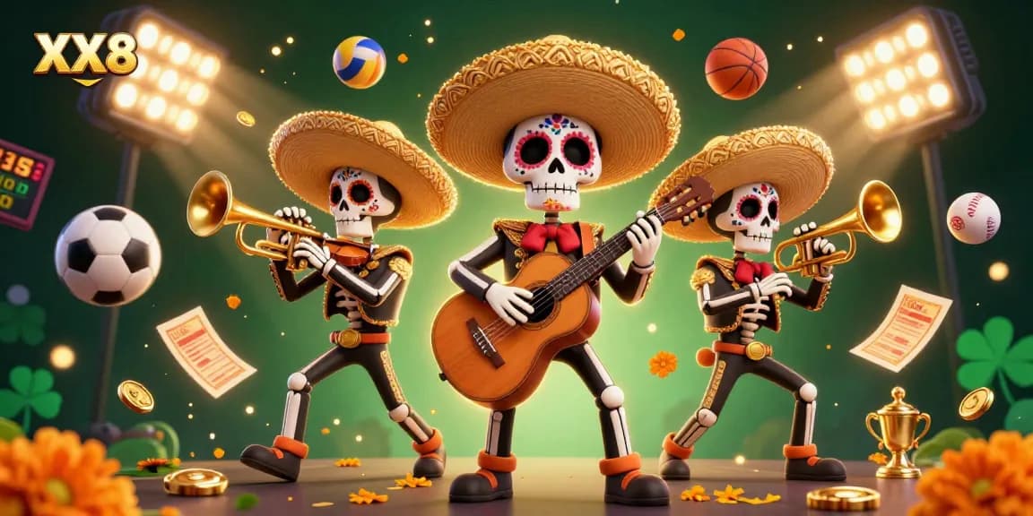 Engage in thrilling gambling action at XX88 with a vibrant 3D casino illustration showcasing lively mariachi characters and dynamic sports elements.