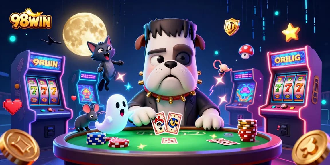 Experience the thrill of 98WIN with a spooky cartoon casino scene featuring cards, gold coins, and electrifying energy.