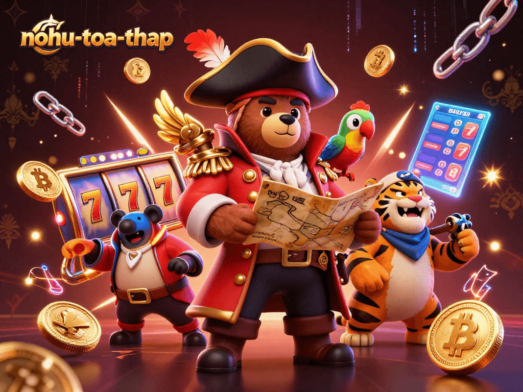 Navigating the nohu-toa-thap game, a pirate bear and tiger explore a treasure-filled slot game world.