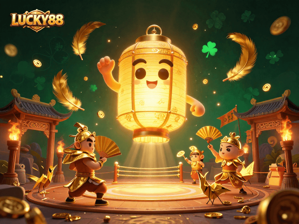 Experience the dynamic LUCKY88 gaming ambiance with golden lantern spirits and vibrant casino elements.