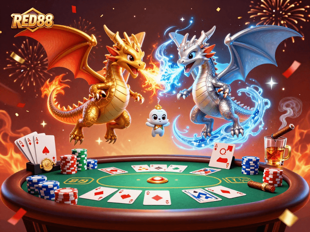 Engage in a vibrant RED88 gaming scene with dynamic dragons and exciting poker action.