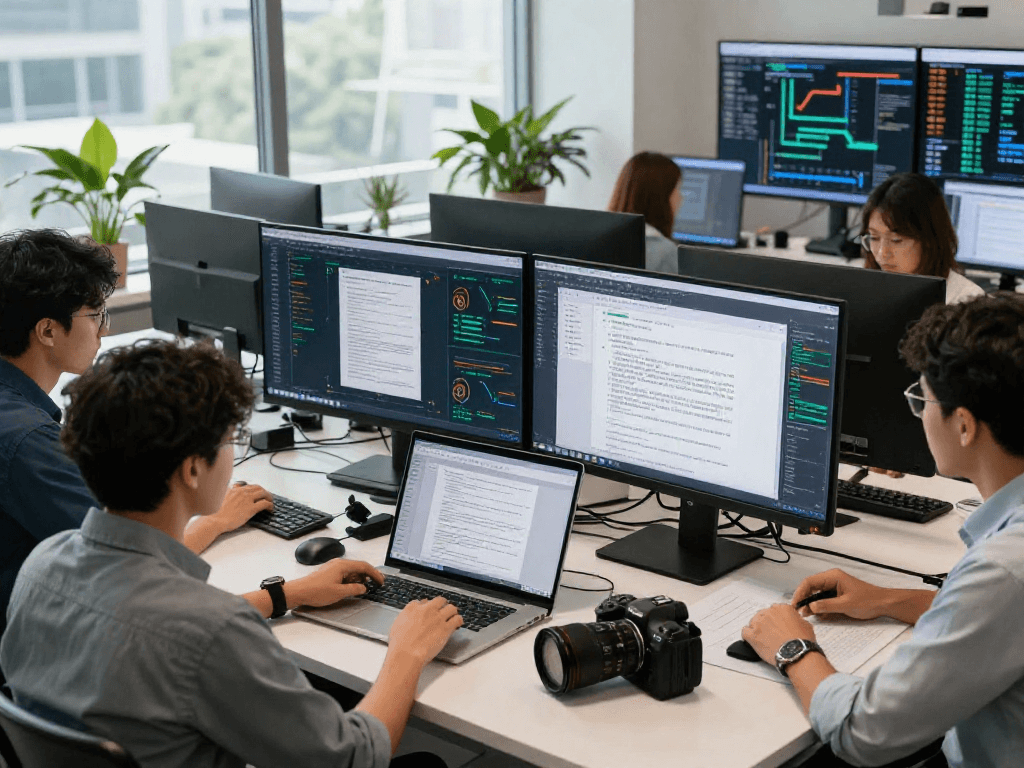 Document fraud detection analysis by a diverse cybersecurity team, showcasing AI-driven technology in an innovative workspace.