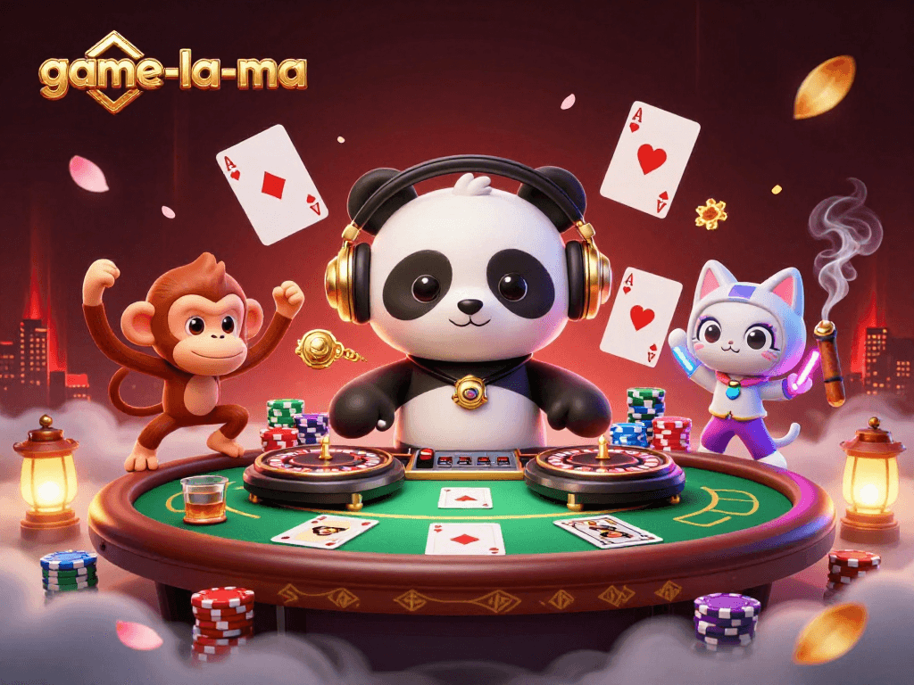Experience vibrant gaming action at game-la-ma with a DJ panda, dancing monkey, and rave kitten.
