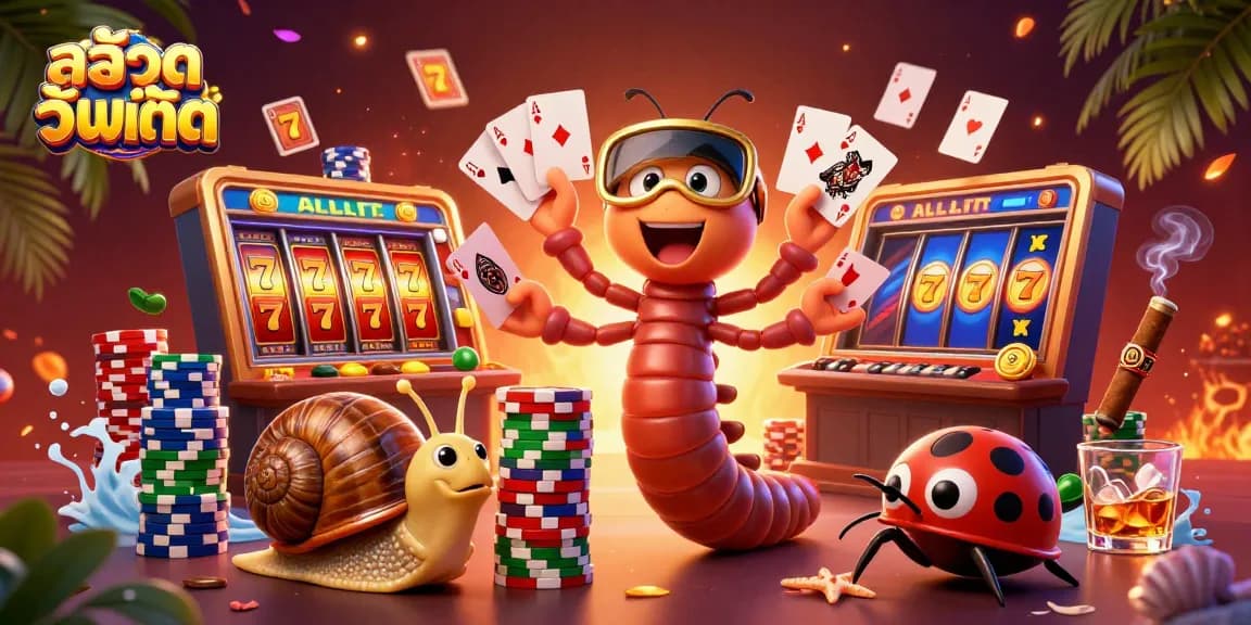 Engaging scene showcasing สล็อตอัพเดท with vibrant slot reels, a millipede dealer, and colorful poker chips, emphasizing excitement and interaction.