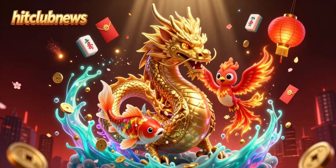 Engage in thrilling action at hitclubnews with a vibrant illustration of a dragon, phoenix, and koi fish amidst gold coins.