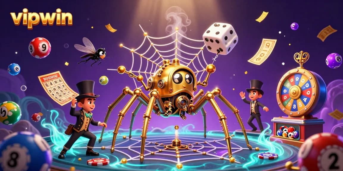 Spin the reels at vipwin with a golden spider catching rolled dice in an enchanting casino scene.