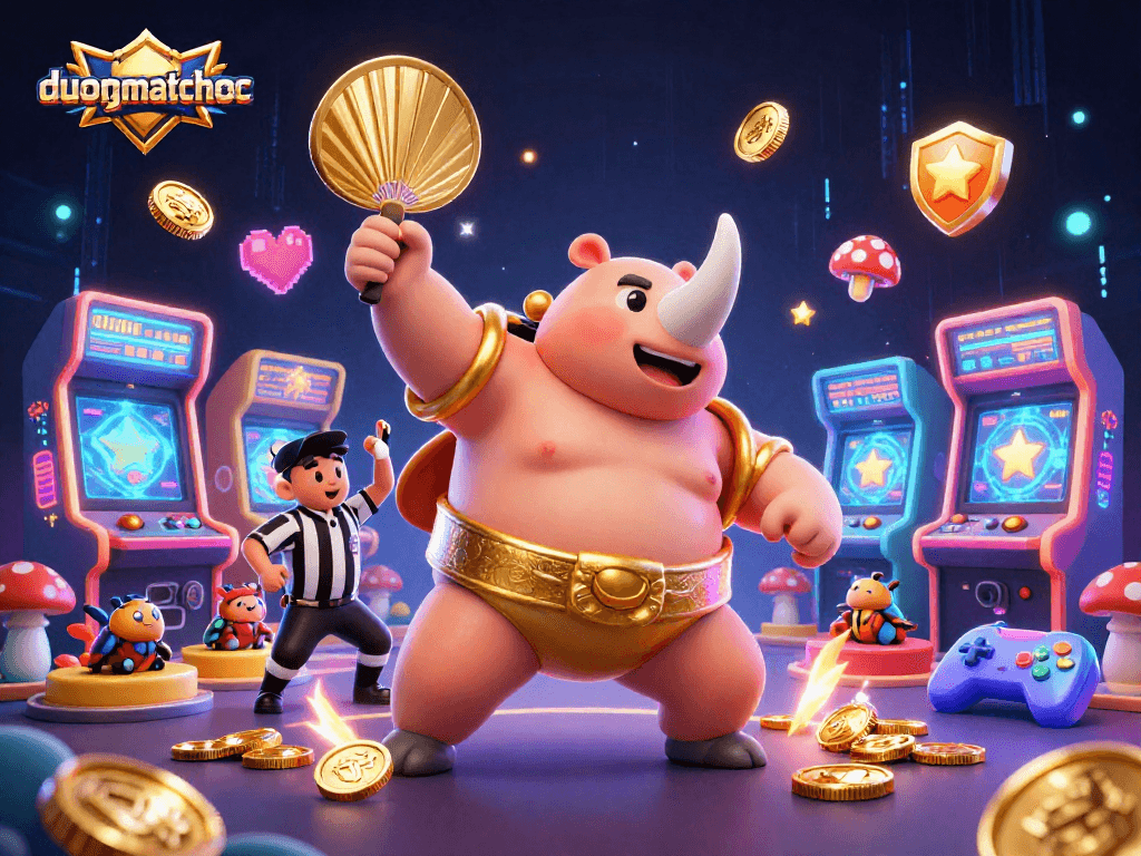 Experience the thrilling duongmatchuoc casino game with a vibrant colorful illustration of beetle champions and glowing prizes.