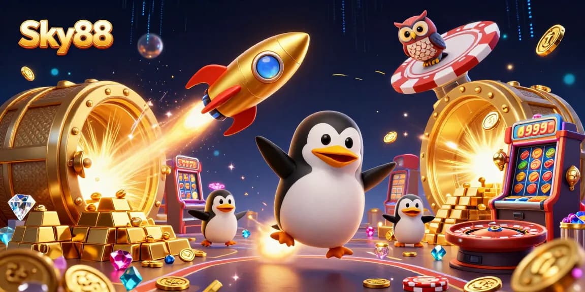 Win big with Sky88 while enjoying a vibrant casino-themed scene featuring dynamic gambling elements.