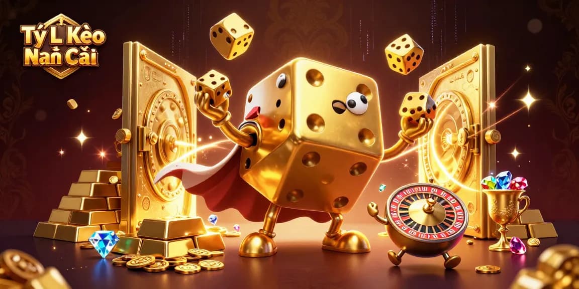 Tỷ Lệ Kèo Nhà Cái showcases a dynamic 3D casino scene with golden dice characters and treasure elements.