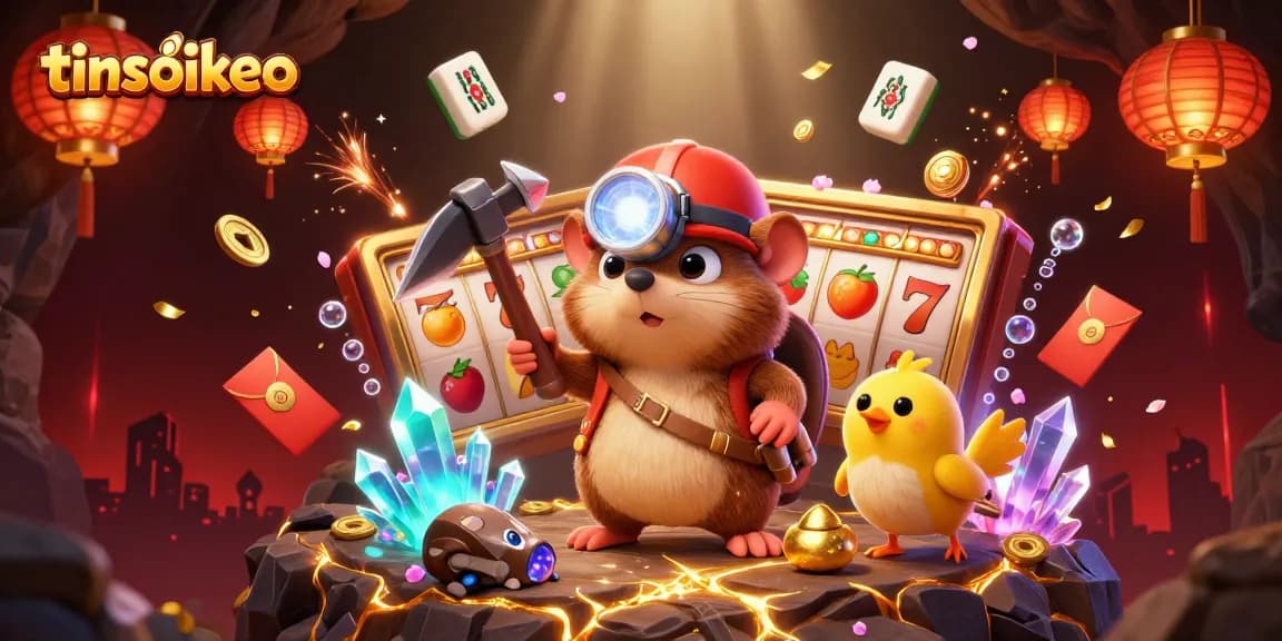 Engage with tinsoikeo's vibrant gaming scene featuring a treasure hunter mole and slot reels.