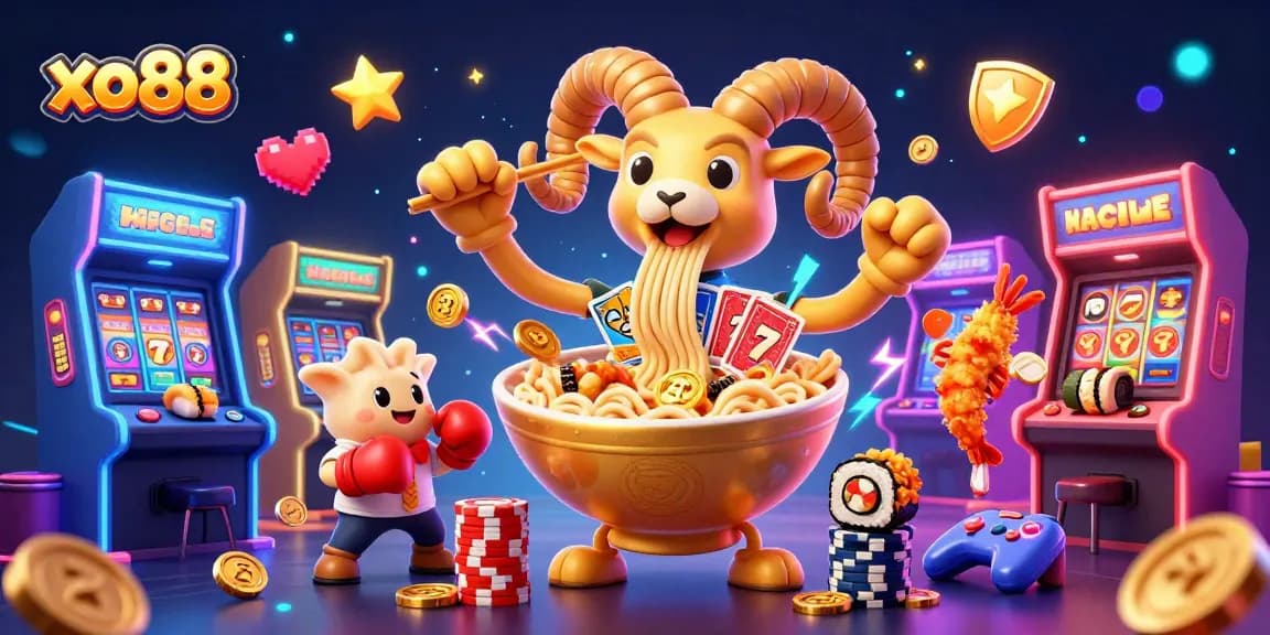 Experience the vibrant energy of xo88 with a dynamic casino-themed illustration showcasing memorable cartoon characters.