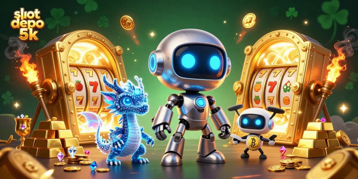 Engage in thrilling gameplay at slot depo 5k with a vibrant 3D robot and treasure scene.