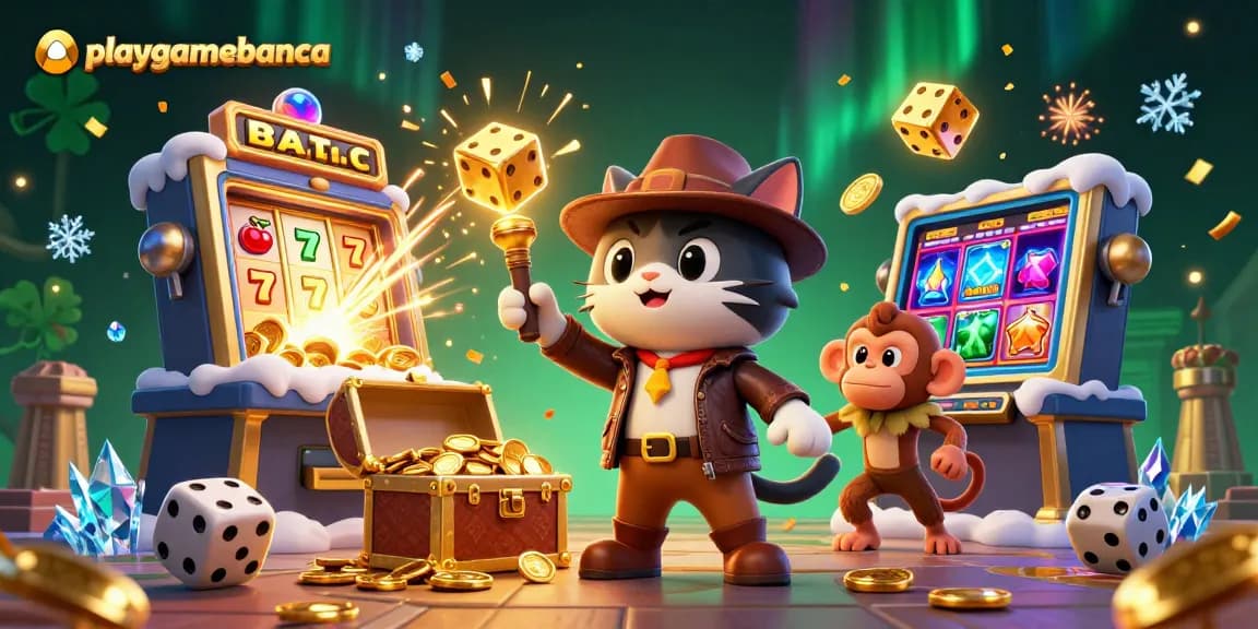 Playgamebanca showcases a cat explorer and monkey amid a jackpot explosion at an ancient casino.