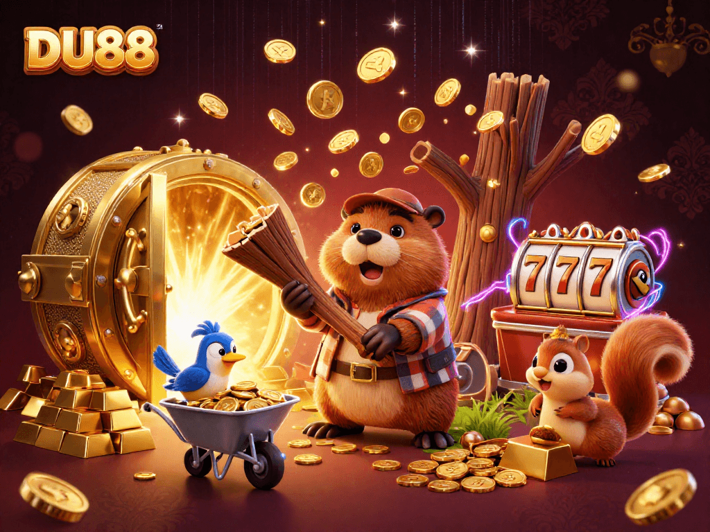 Experience DU88 with a vibrant beaver and friends amidst gold coins and slot machines.