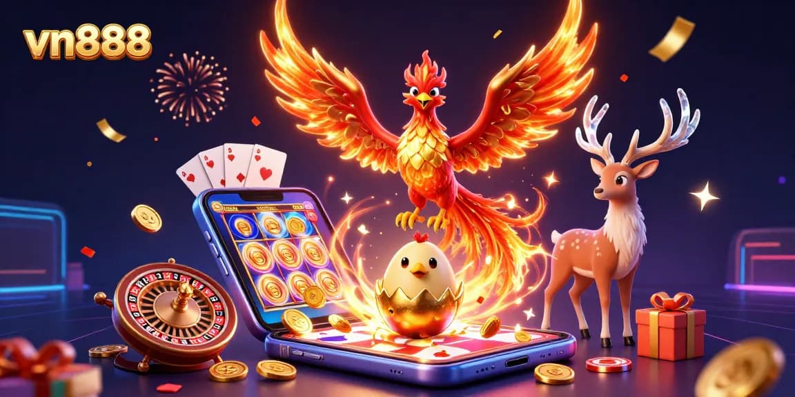 Engage with vn888's dynamic casino atmosphere featuring a phoenix and slot games.