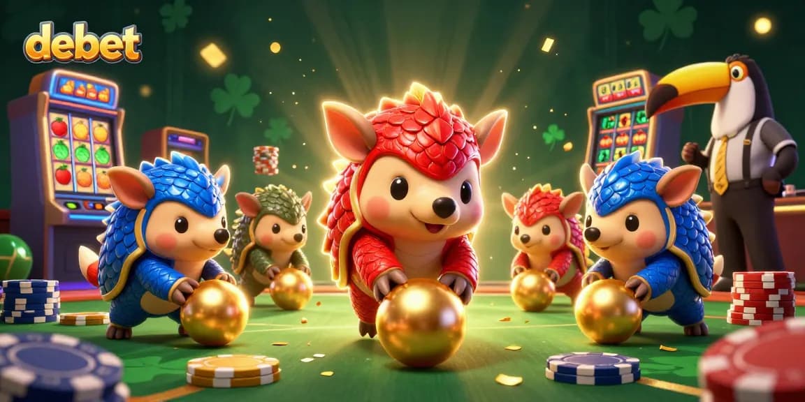 Experience thrilling slot gameplay with debet as rival pangolins compete in a golden casino adventure.