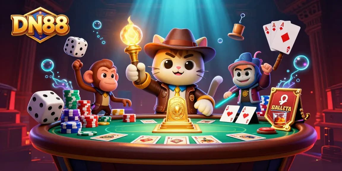 Experience thrilling adventures with DN88's vibrant 3D casino scene featuring poker elements and captivating characters.