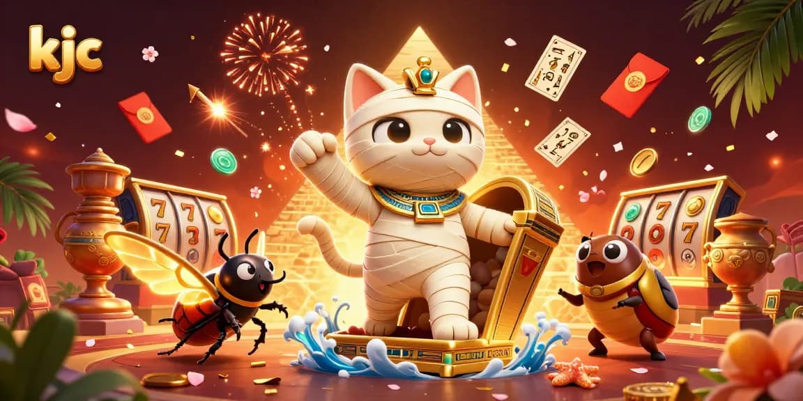 Engage in thrilling games at KJC with vibrant symbols and characters in a dynamic casino scene.