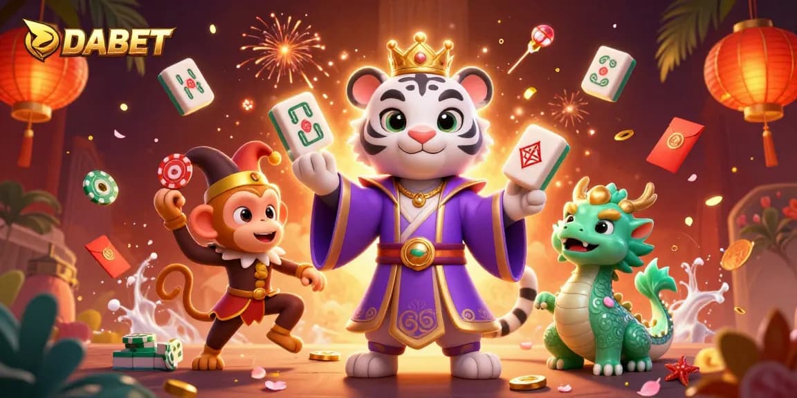 Engage with DABET's vibrant casino world featuring a royal tiger and juggling monkey.