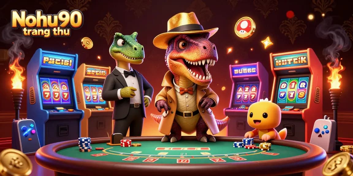 Nohu90 trang chủ showcases a thrilling 3D scene of a velociraptor card counter and a stegosaurus pit boss at a vibrant casino.