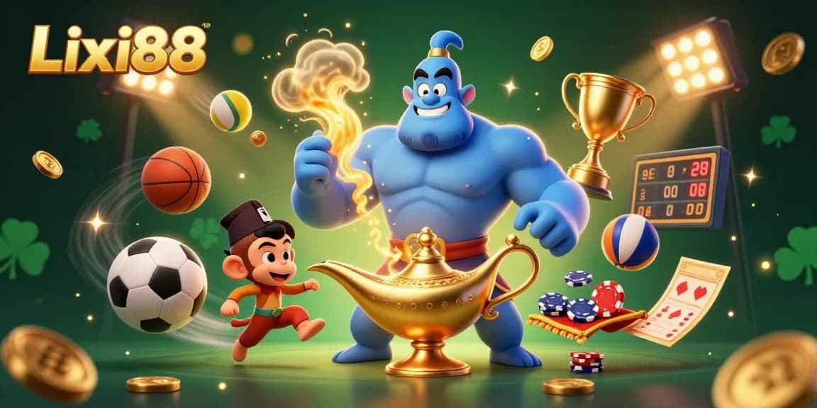 Lixi88 showcases a vibrant 3D casino scene with a genie and sports elements, symbolizing excitement in gaming.