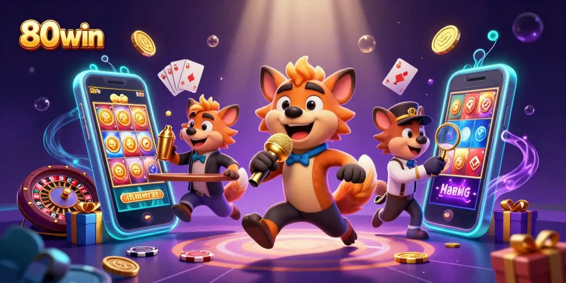 Engage in thrilling gaming action at 80win with a vibrant casino scene featuring hyenas.