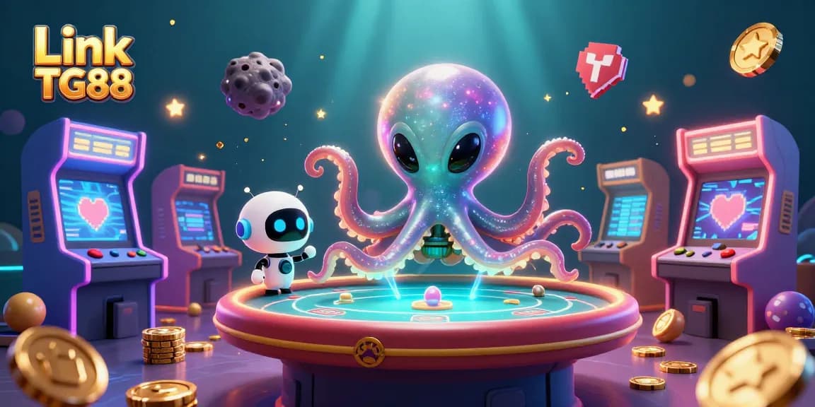Experience the thrill of gambling at Link TG88 with a vibrant 3D illustration of an alien octopus at a poker table.