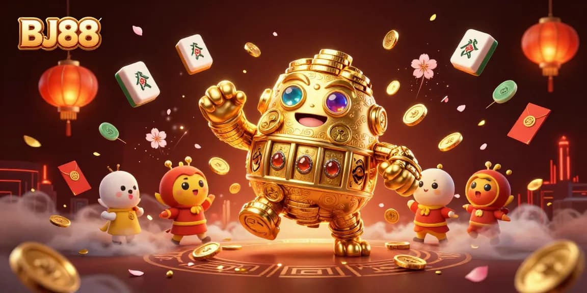 BJ88's golden golem character surrounded by vibrant casino elements, showcasing the excitement of online betting.