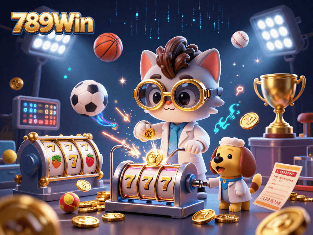 Bet on 789Win's thrilling 3D illustration showcasing casino excitement with dynamic sports elements and vibrant colors.