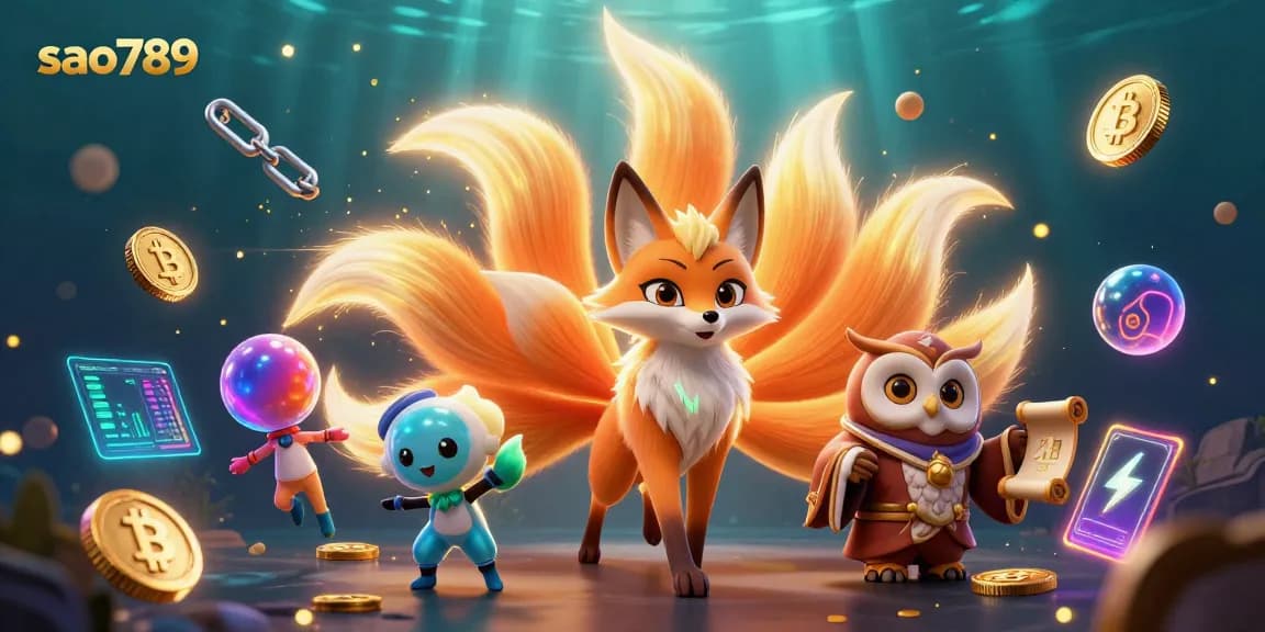 Sao789 enhances gaming magic with a nine-tailed fox, owl sage, and vibrant cryptos in an engaging casino scene