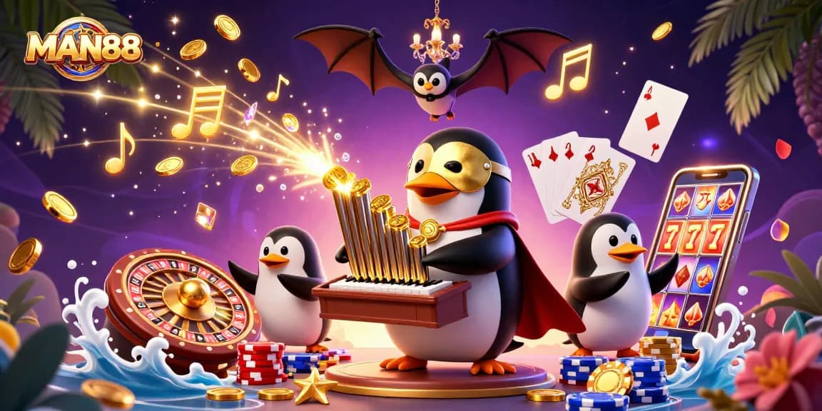 MAN88 penguin playing organ dramatically shoots golden coins in a vibrant casino scene.