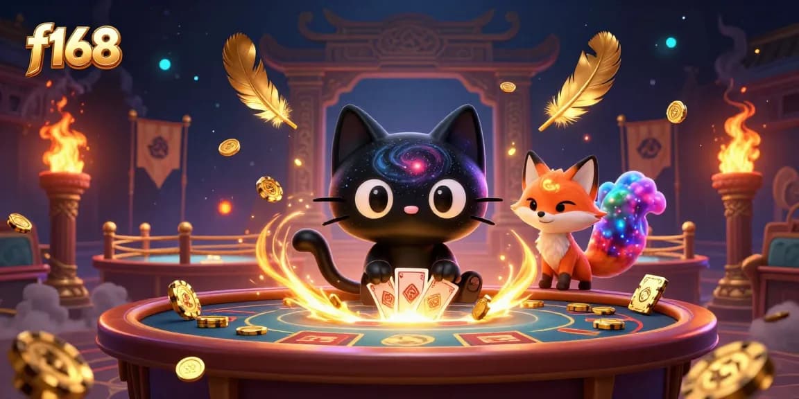 Engage in thrilling gameplay at f168 with a colorful cosmic casino scene featuring a black hole cat and a nebula fox.