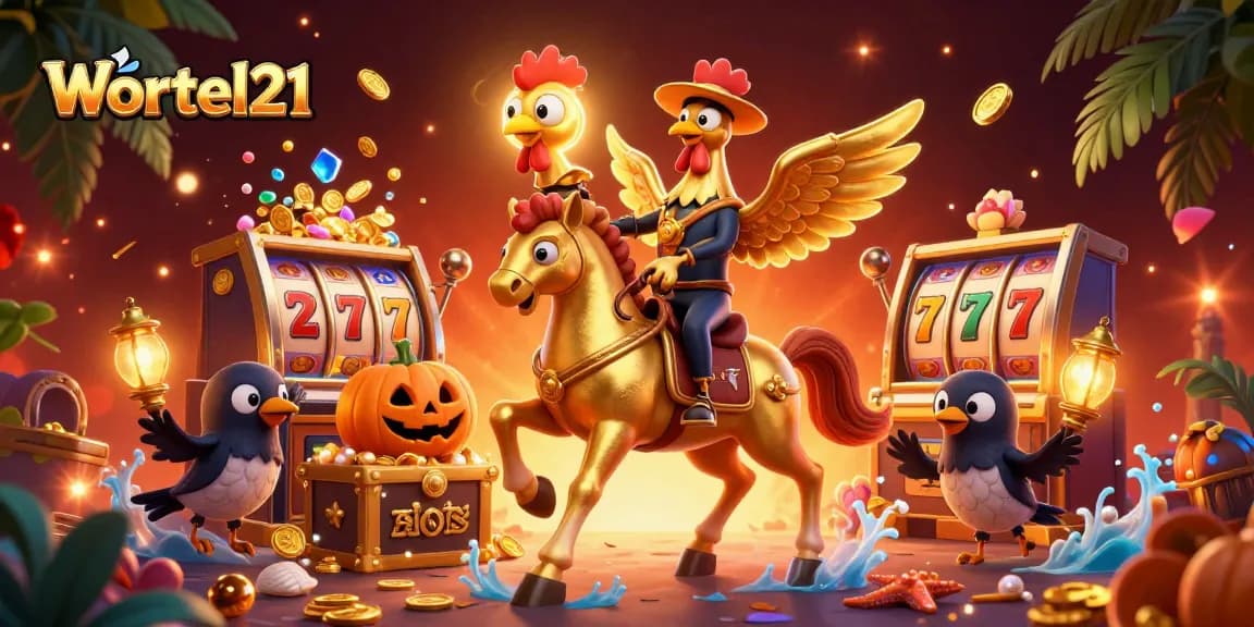 Wortel21 lights up the casino scene with a golden rooster and spectral horse amidst slot machines.