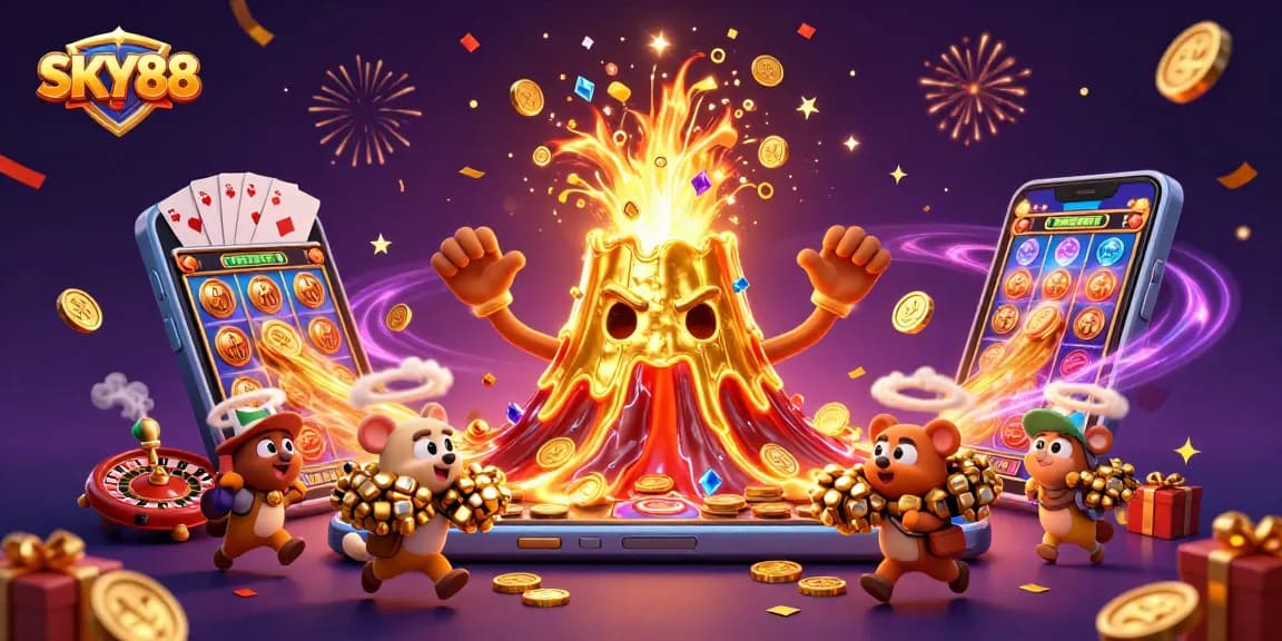 Experience SKY88's excitement with a treasure-filled eruption from a golden volcano.
