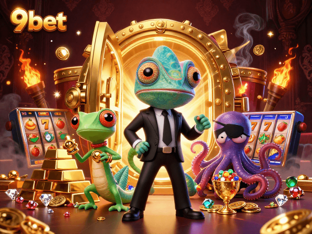 Engage with 9bet's vibrant 3D casino scene featuring a chameleon agent, a gecko sidekick, and treasures.