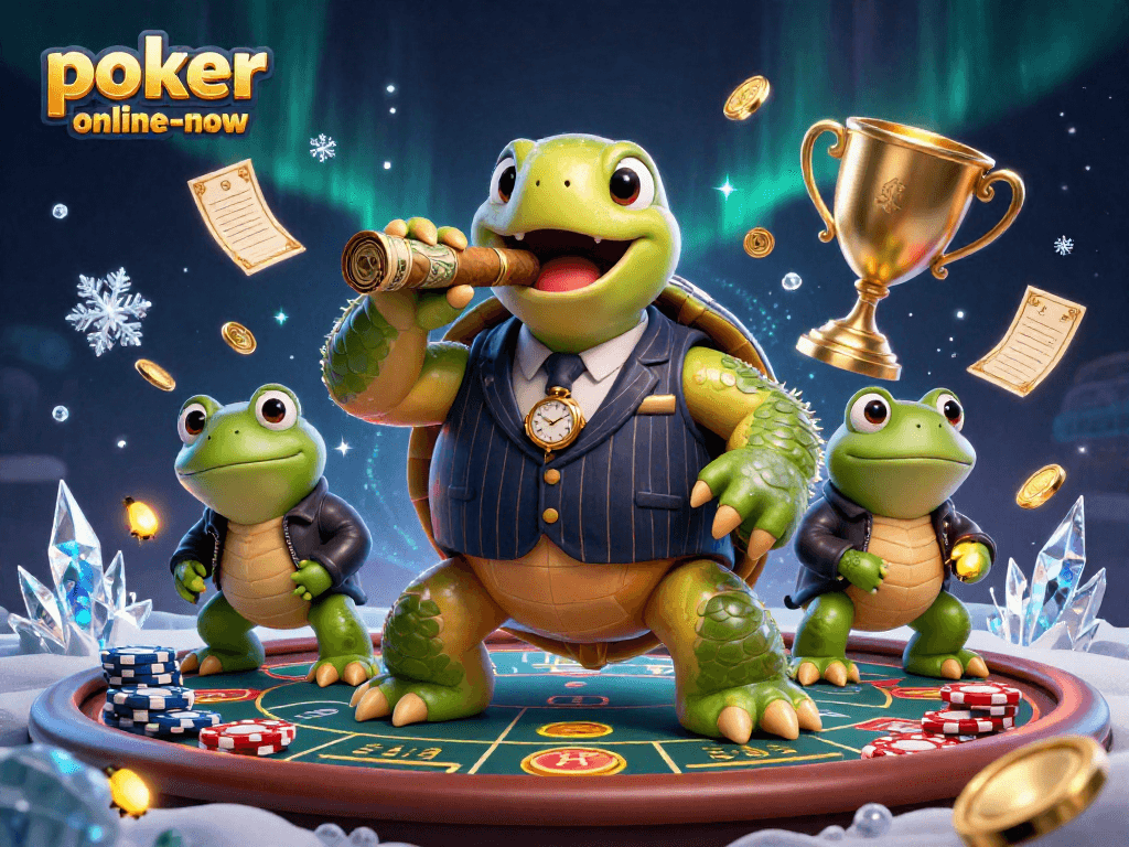 Engage with poker-online-now as cartoon turtle dons a suit on a vibrant casino floor.