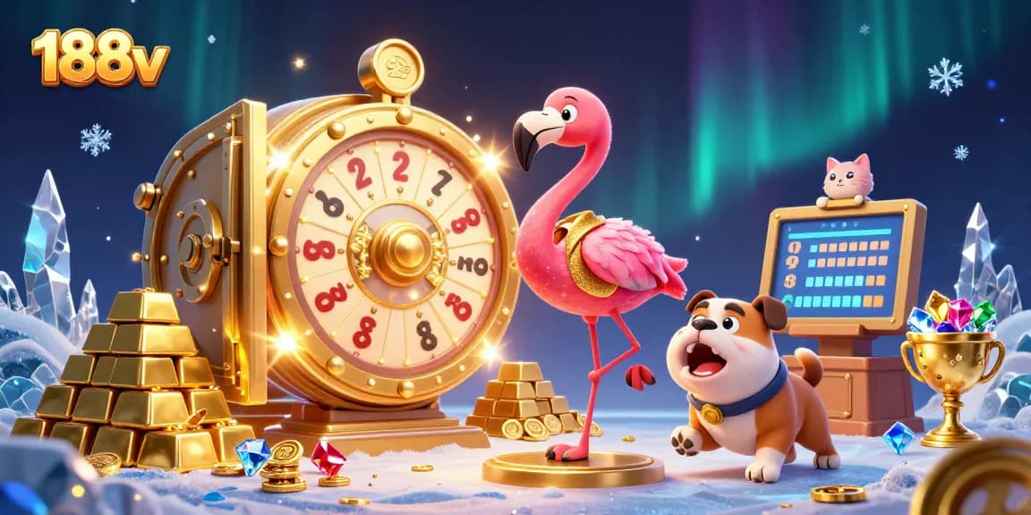Spin and win at 188v with an exciting prize wheel surrounded by treasures and energetic characters.