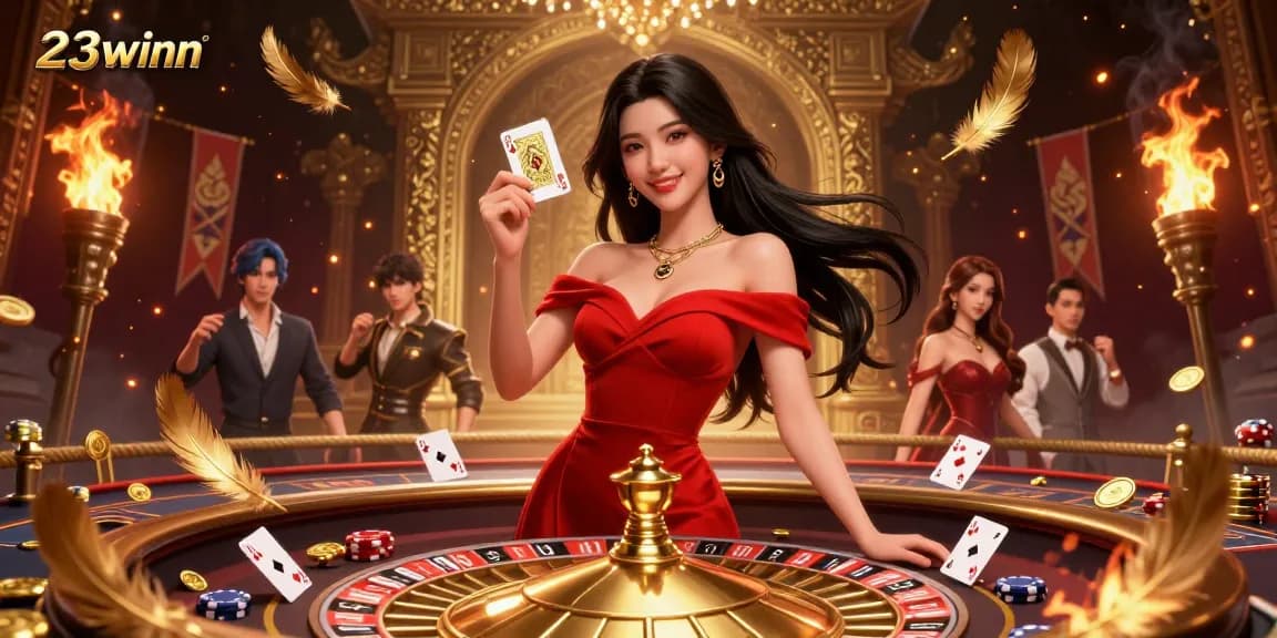 Engage in thrilling gameplay with 23winn as a beautiful woman elegantly holds a golden card beside a roulette.
