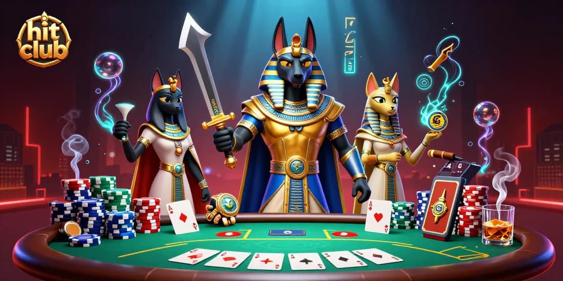 Spin the reels at Hit Club with Anubis and Bastet in a vibrant casino scene