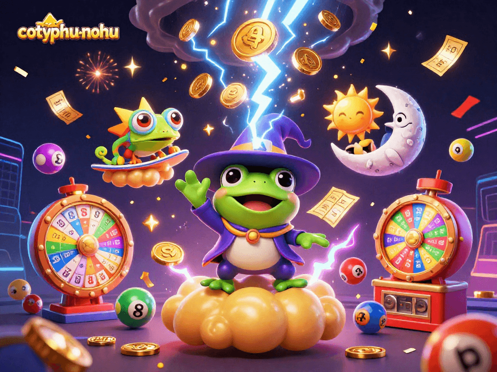Engage in thrilling gameplay with cotyphu-nohu, featuring characters amidst a storm of vibrant lottery elements.
