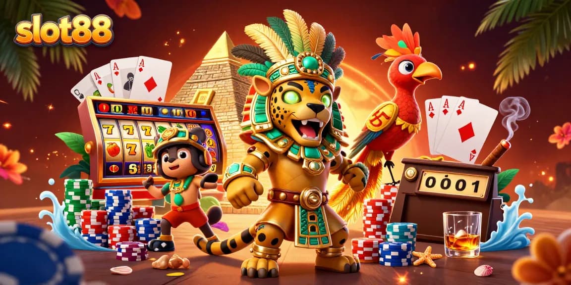 Engage with slot88 as the Mayan jaguar priest illuminates an exciting slot game scene with jewels and vibrant details.