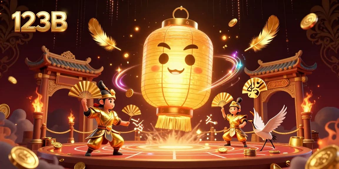 Spin the reels at 123B and win big in a vibrant casino scene with golden lanterns and lucky symbols.